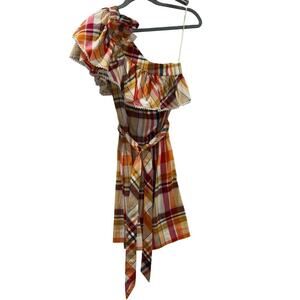 Trina Turk Reyes One Shoulder Plaid Dress with Detachable Flower – Size 0 – NWT